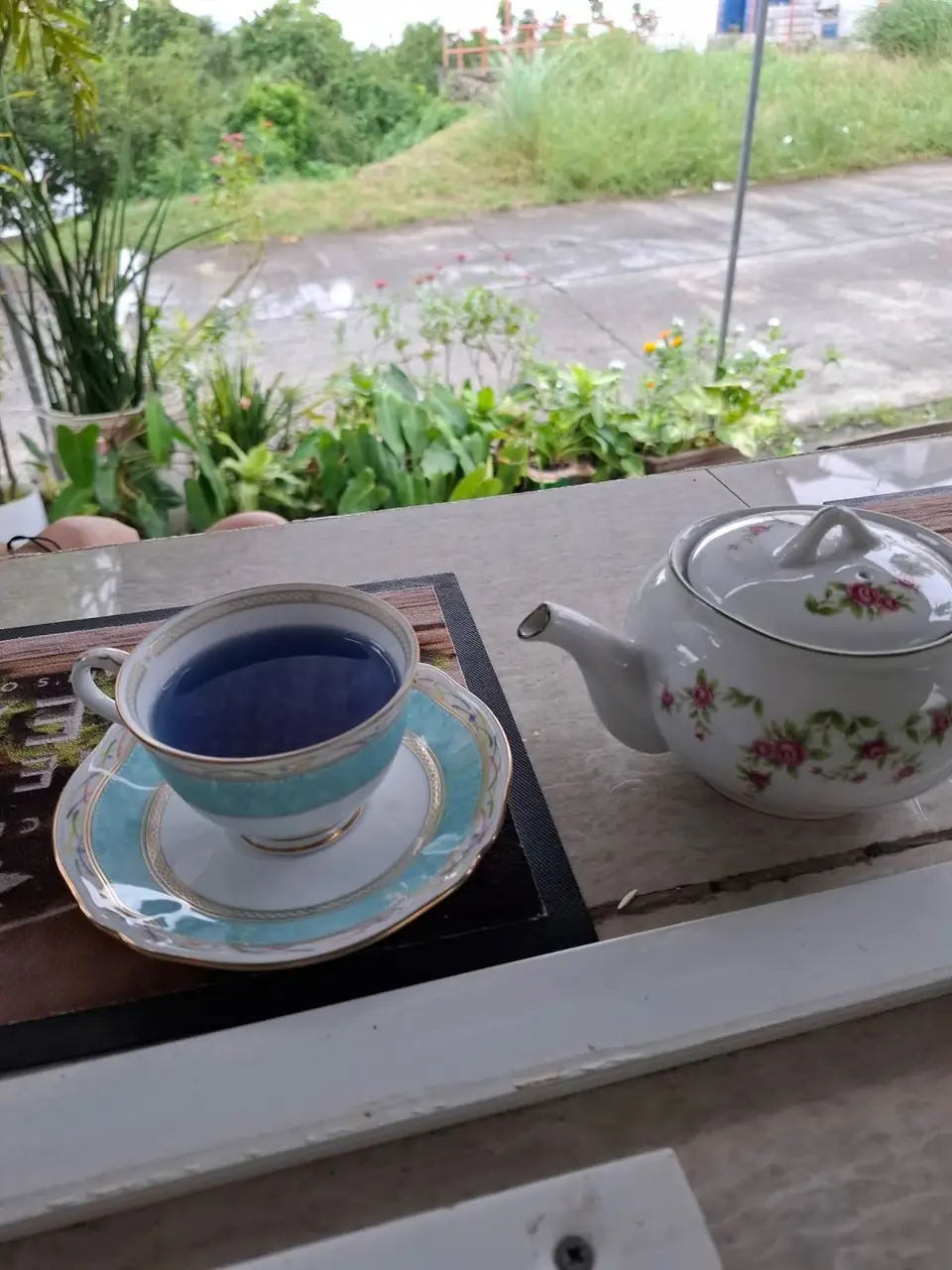 Asul na tasa at teapot na may disenyong bulaklak sa counter ng cafe, katabi ng mga halaman sa daan